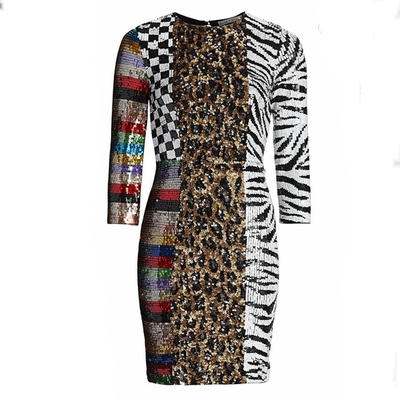 NWT: ALICE + OLIVIA | Jae Sequin Patchwork Sheath Dress - Picture 6 of 13